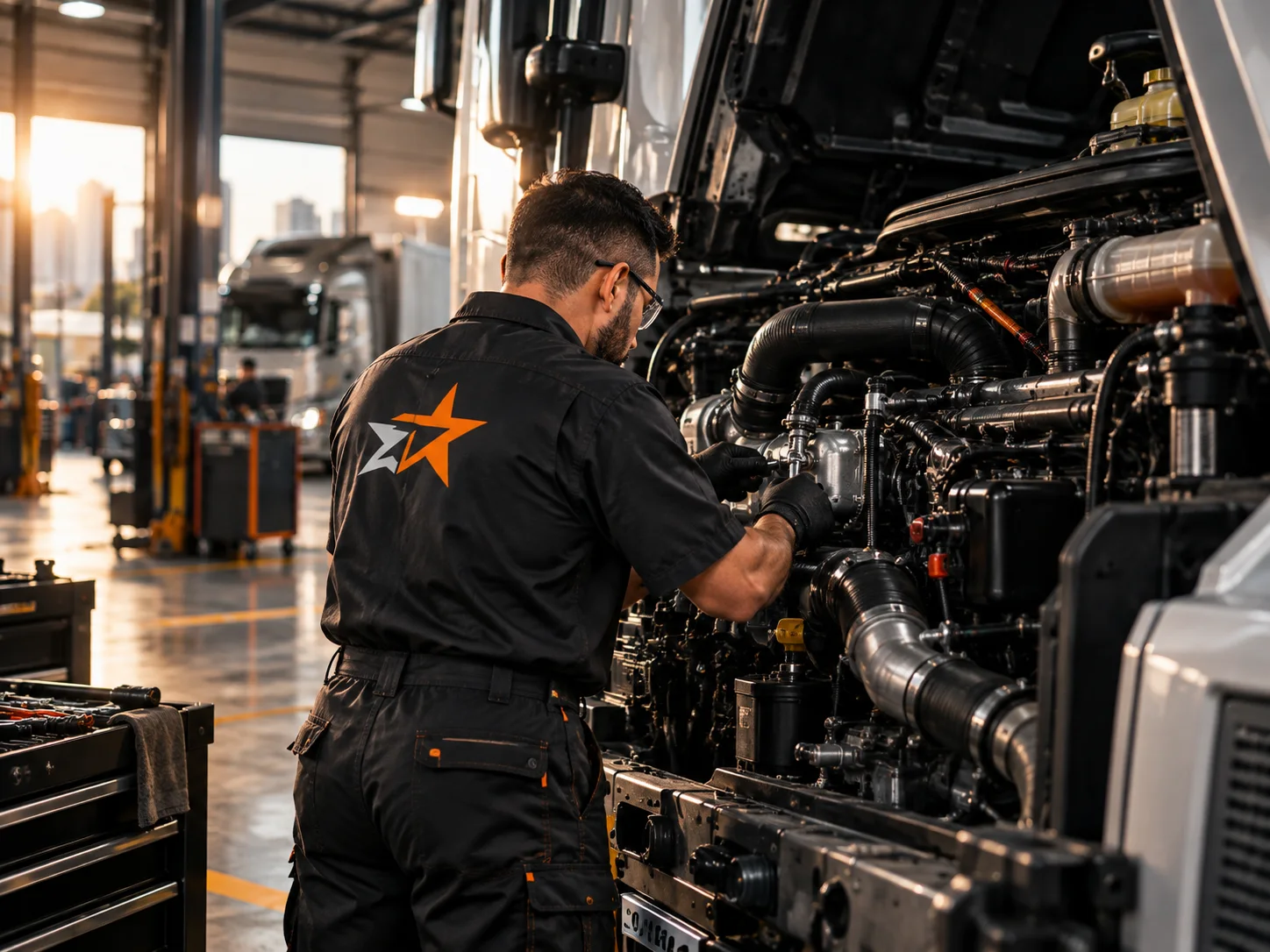 Mecânico especializado realizando manutenção em motor de caminhão