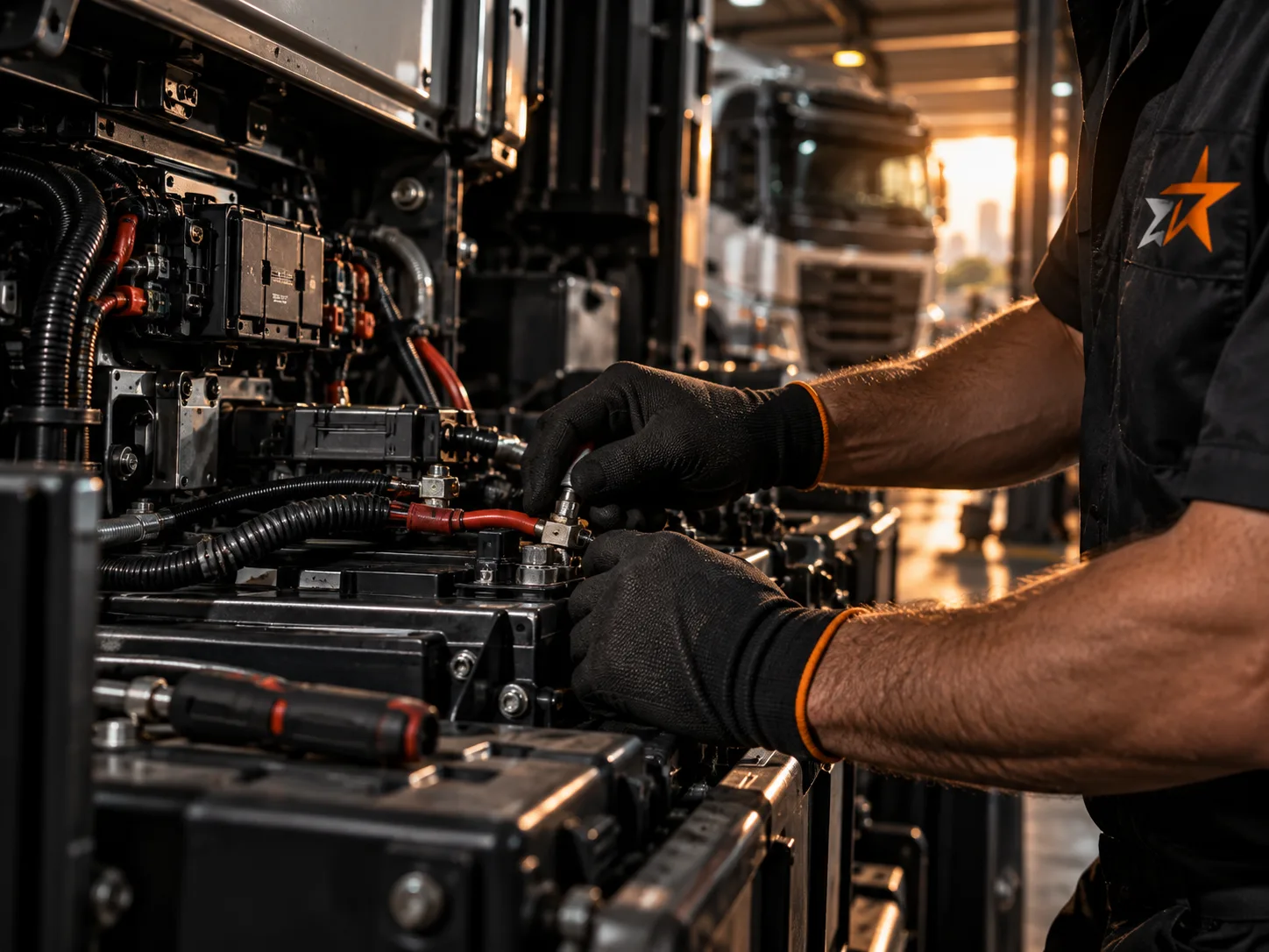 Técnico trabalhando no sistema elétrico de caminhão